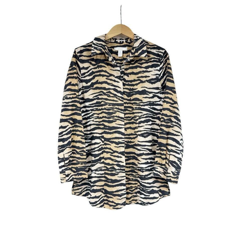 Chico’s Non Iron Button Up Shirt Tiger Stripe 100% Cotton Womens Size 1 Or M/8